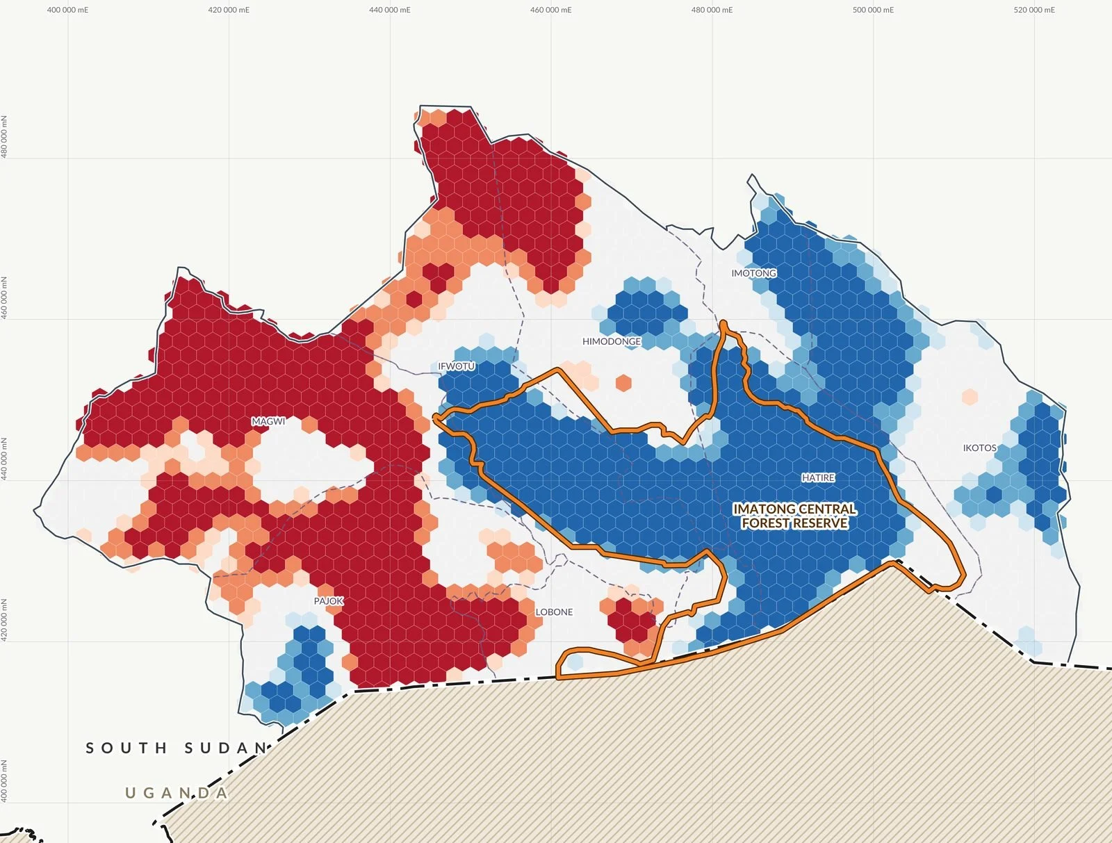 Hot spots of natural vegetation loss in the Imatong landscape, 2015 to 2025